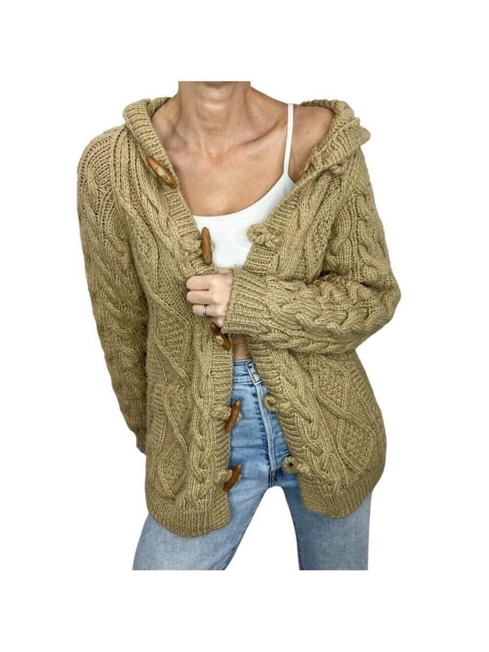 Ryan New York Korea chunky cable knit tan hooded fisherman cardigan sweater
